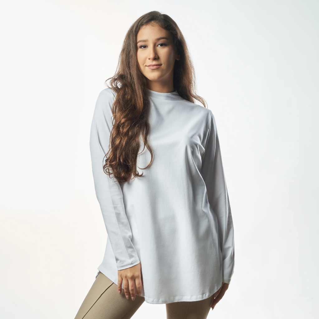 Double Layer Long Fit Long Sleeves Basic T-Shirt- White