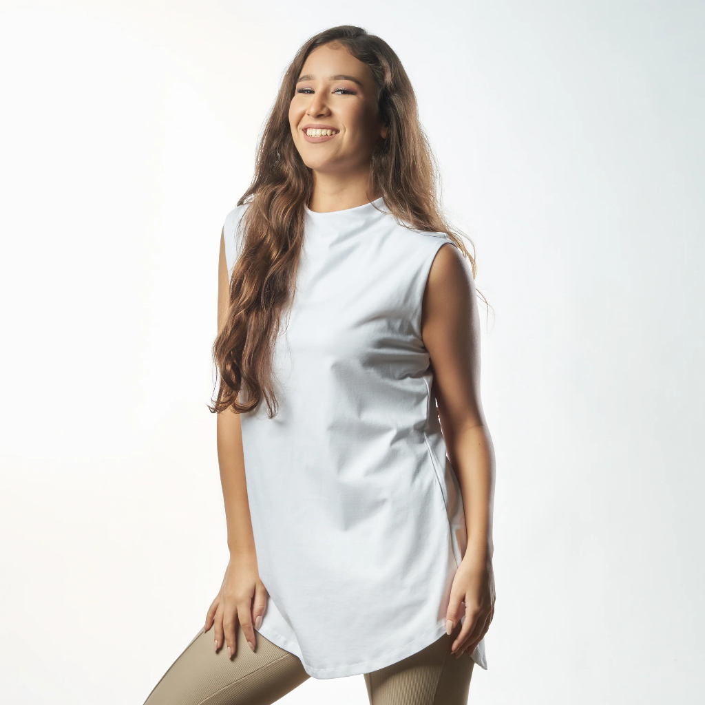 Double Layer Long Fit Sleeveless Basic T-Shirt-White