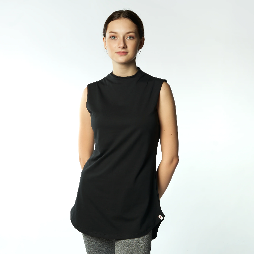 Double Layer Long Fit Sleeveless Basic T-Shirt-Black